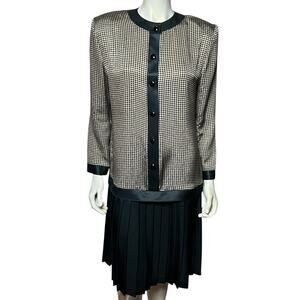 Caron Petite Houndstooth Dress Pleated Skirt Two Tone Vintage 80s Size 10